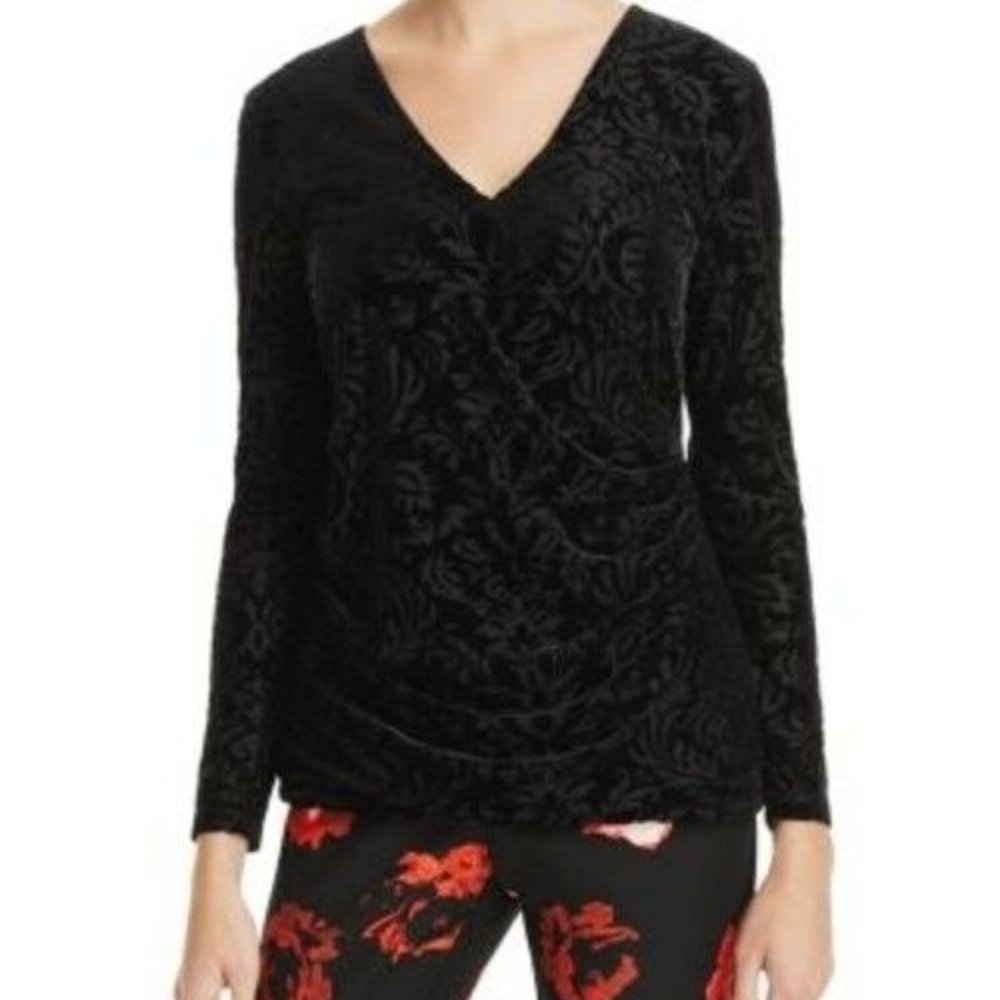 Foxcroft Black Velvet Burnout Textured Blouse Sz M